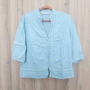 Tweeds Womens Linen Blouse Size L Blue Cottage Boho Lace Trim Romantic Coastal